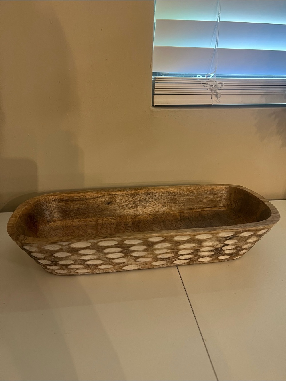 Natural Wood Decorative Bowl with White Dot Inlay